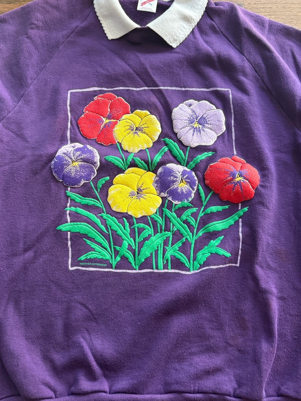 Jerzees Purple Floral Crewneck Sweater with White Collar - Picture 3 of 4
